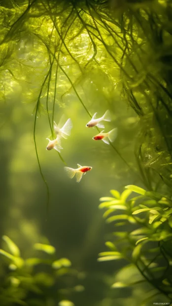A dynamic shot of a school of neon tetras swimming in sync, illuminated by natural light, against a lush background of green aquatic plants.