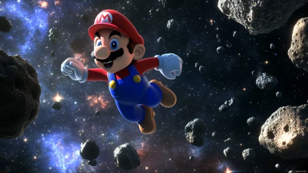 A dynamic space scene shows Mario soaring across asteroid belts, ideal for Mario Galaxy Wallpaper.