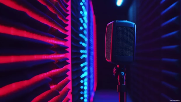 A dynamic view of an empty recording booth with soundproofing panels and a microphone, illuminated by colorful LED lights, capturing the essence of a creative workspace.