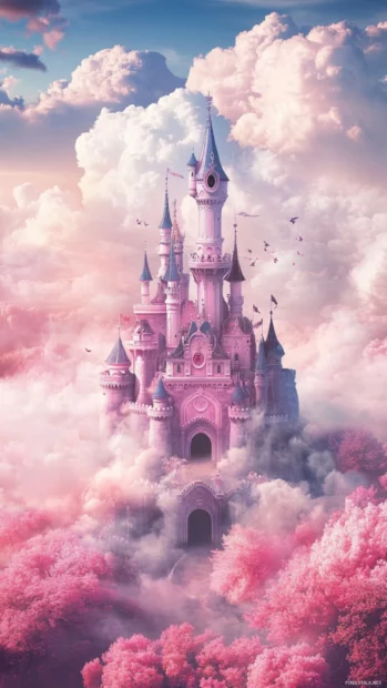 A fairytale castle floating in the clouds featured in pink wallpapers for girls design.