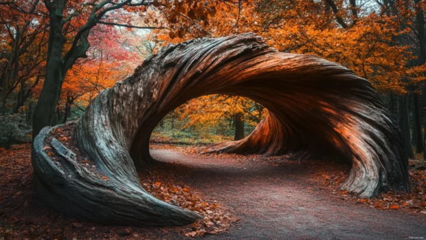 A fallen log becomes a natural sculpture in a vibrant forest.