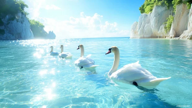 A family of Swans paddling in clear blue water, a heartwarming Swans PC Wallpapers scene.
