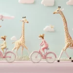 A family of giraffes rides bicycles across pastel roads, ideal for kids wallpaper for bedroom.