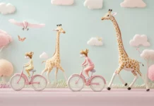 A family of giraffes rides bicycles across pastel roads, ideal for kids wallpaper for bedroom.