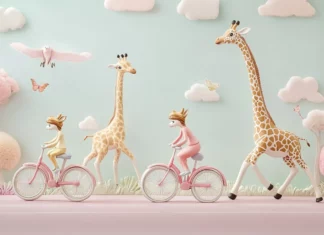 A family of giraffes rides bicycles across pastel roads, ideal for kids wallpaper for bedroom.