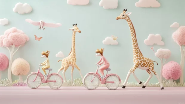 A family of giraffes rides bicycles across pastel roads, ideal for kids wallpaper for bedroom.