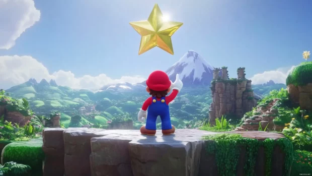 A fantasy Mario Star Wallpaper of Mario collecting a star fragment above the Mushroom Kingdom.