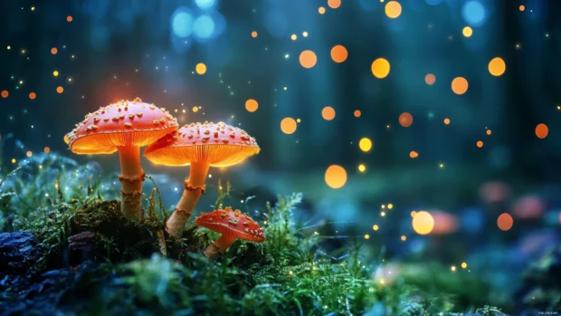 A fantasy forest glade with glowing mushrooms and sparkling air particles.