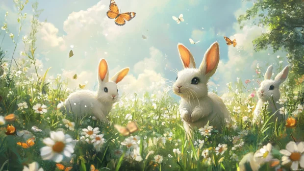 A fantasy meadow of bunnies and butterflies, perfect for nursery wall art for children.