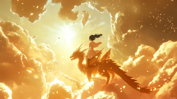 A fantasy realm where anime girl rides a dragon through golden clouds.