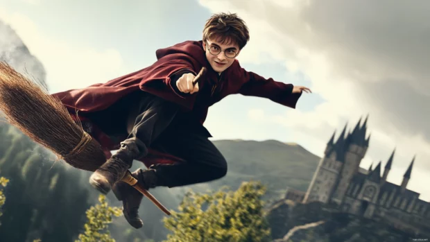 A fantasy scene with Harry Potter flying on a broomstick, inspired by 4K Harry Potter scenes.