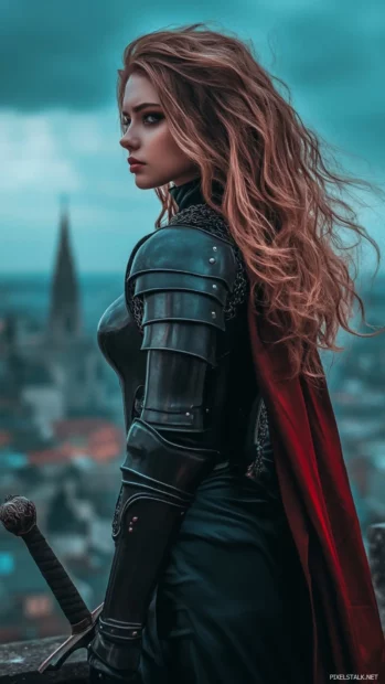A fantasy warrior girl in shining armor, standing on a hill overlooking a medieval city.
