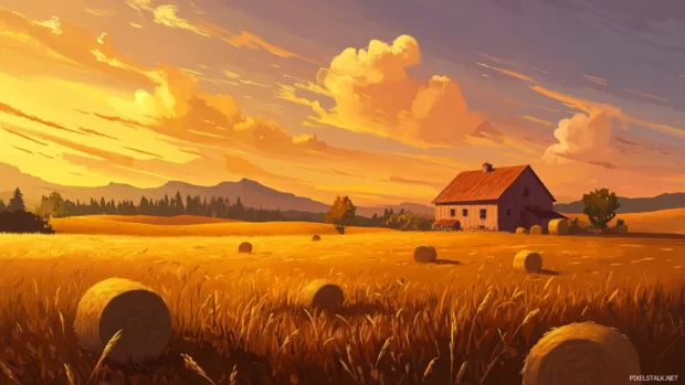 A farmhouse at sunset with bales of hay and golden fields.
