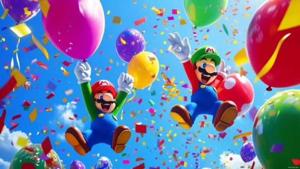 A festive Mario and Luigi Wallpaper with balloons, confetti, and victory flags celebrating team win.