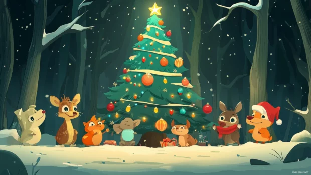A festive gathering of cartoon animals decorating a giant Christmas tree in a snowy forest, complete with ornaments and twinkling lights.