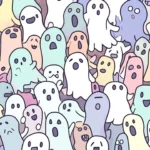 A field of ghost emojis with random expressions in an even pastel layout.