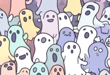 A field of ghost emojis with random expressions in an even pastel layout.