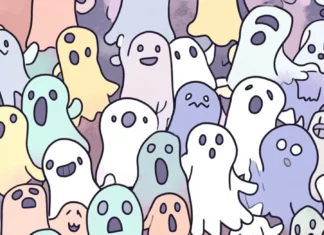 A field of ghost emojis with random expressions in an even pastel layout.