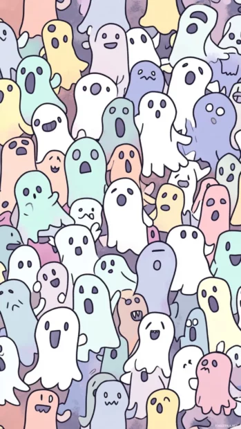 A field of ghost emojis with random expressions in an even pastel layout.