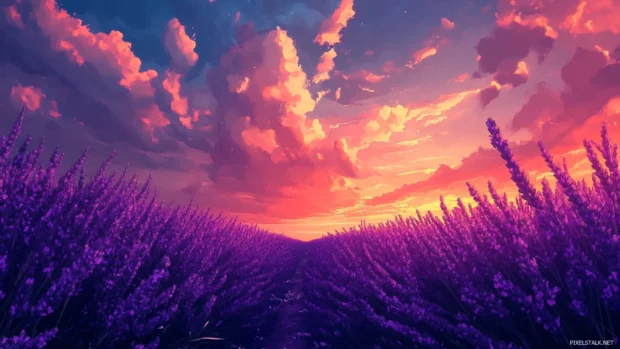 A field of lavender glowing under an HD sunset background, the sky a tapestry of colors.