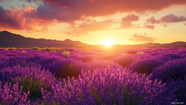 A field of lavender under a golden sunset, ideal for Windows 10 lock screen.