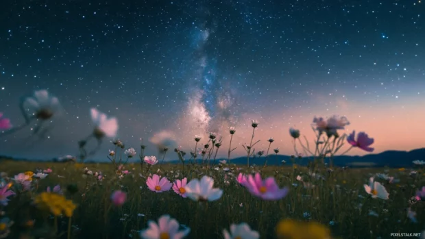 A field of pastel flowers growing beneath bright stars.
