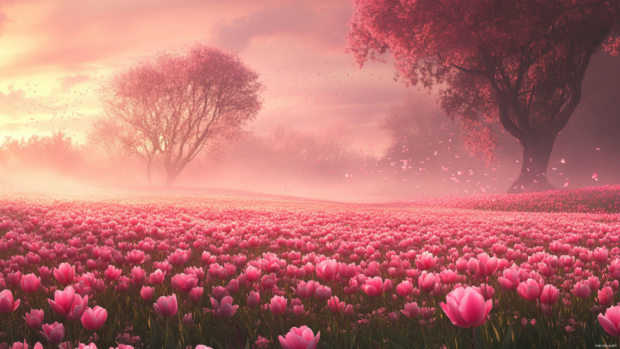A field of pink tulips under morning mist, perfect as calming nature wallpapers for pink PC fans.