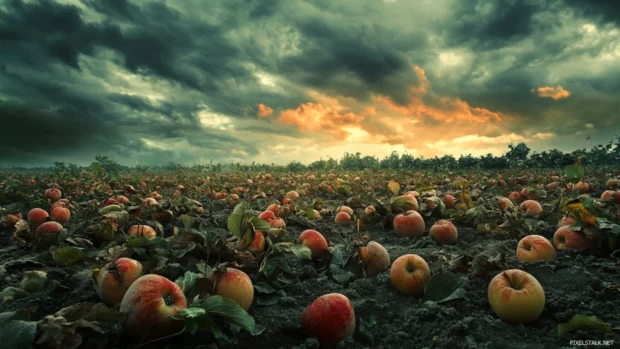 A field of rotten apples under stormy skies.