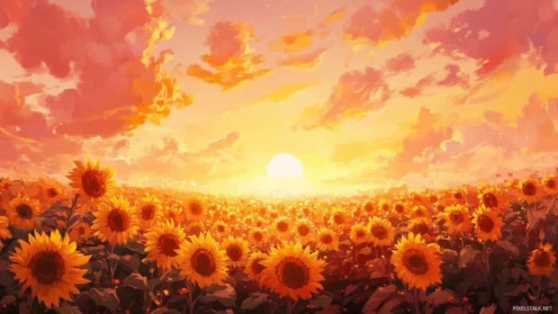 A field of sunflowers facing the setting sun, the sky painted in shades of orange and pink.