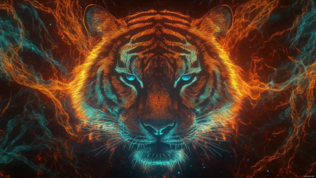 A fierce neon tiger with glowing lines in vibrant orange, blue, and green, set against a dark, abstract background, showcasing its powerful eyes and detailed fur.