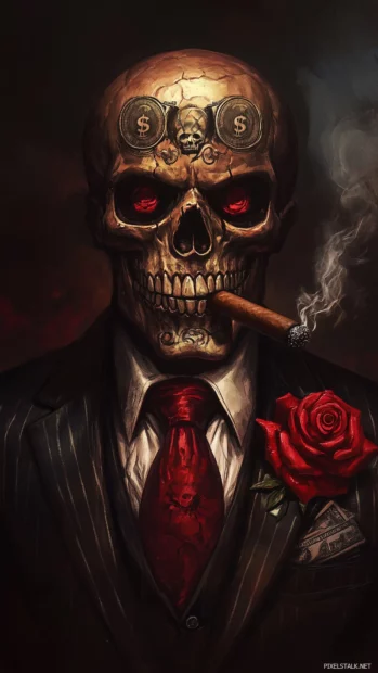 A fierce skull in a gangster suit, smoking a cigar, with rose tattoos and money symbols engraved on the skull.
