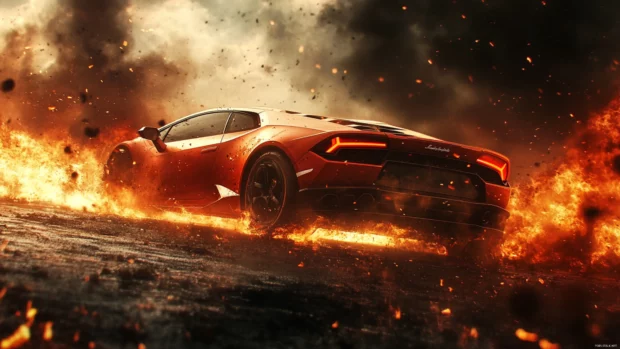 A fiery Lamborghini Huracan drifts through blackened asphalt surrounded by embers.