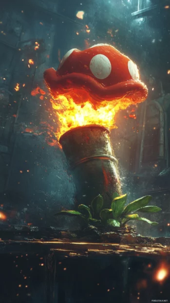A fiery Piranha Plant emerging from a pipe, a dangerous Super Mario obstacle.