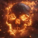 A fiery skull surrounded by waves of fire and sparks, illuminated against a dark backdrop, capturing a sense of intense heat and destruction.