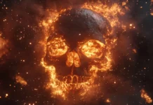 A fiery skull surrounded by waves of fire and sparks, illuminated against a dark backdrop, capturing a sense of intense heat and destruction.