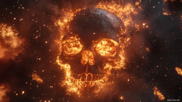 A fiery skull surrounded by waves of fire and sparks, illuminated against a dark backdrop, capturing a sense of intense heat and destruction.