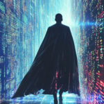 A figure in a light reflecting cape walks past a wall of streaming code.
