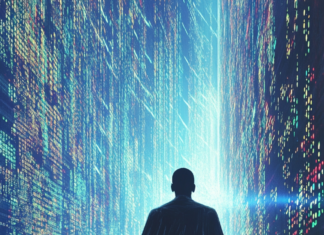 A figure in a light reflecting cape walks past a wall of streaming code.