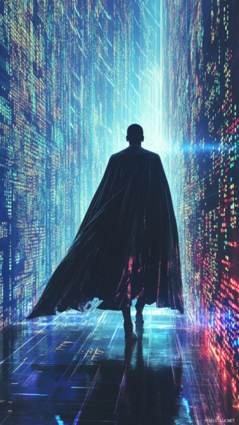 A figure in a light reflecting cape walks past a wall of streaming code.