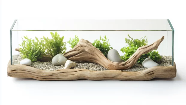 A fish tank with a natural theme, containing small freshwater fish, driftwood, stones, and lush green vegetation, arranged like a mini forest underwater.