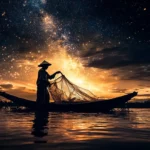 A fisherman casting nets beneath the first stars.