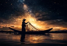 A fisherman casting nets beneath the first stars.