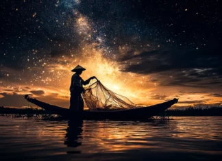 A fisherman casting nets beneath the first stars.