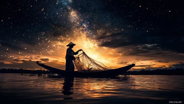 A fisherman casting nets beneath the first stars.