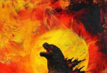 A flaming skyline behind Godzilla as he roars into the sky.