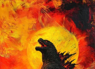 A flaming skyline behind Godzilla as he roars into the sky.