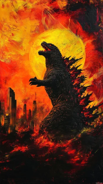 A flaming skyline behind Godzilla as he roars into the sky.