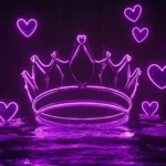 A floating crown surrounded by purple neon hearts.