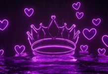 A floating crown surrounded by purple neon hearts.