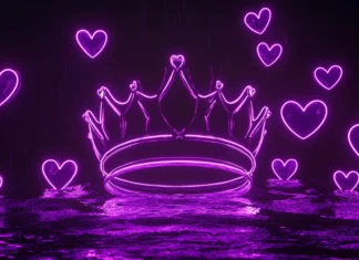 A floating crown surrounded by purple neon hearts.